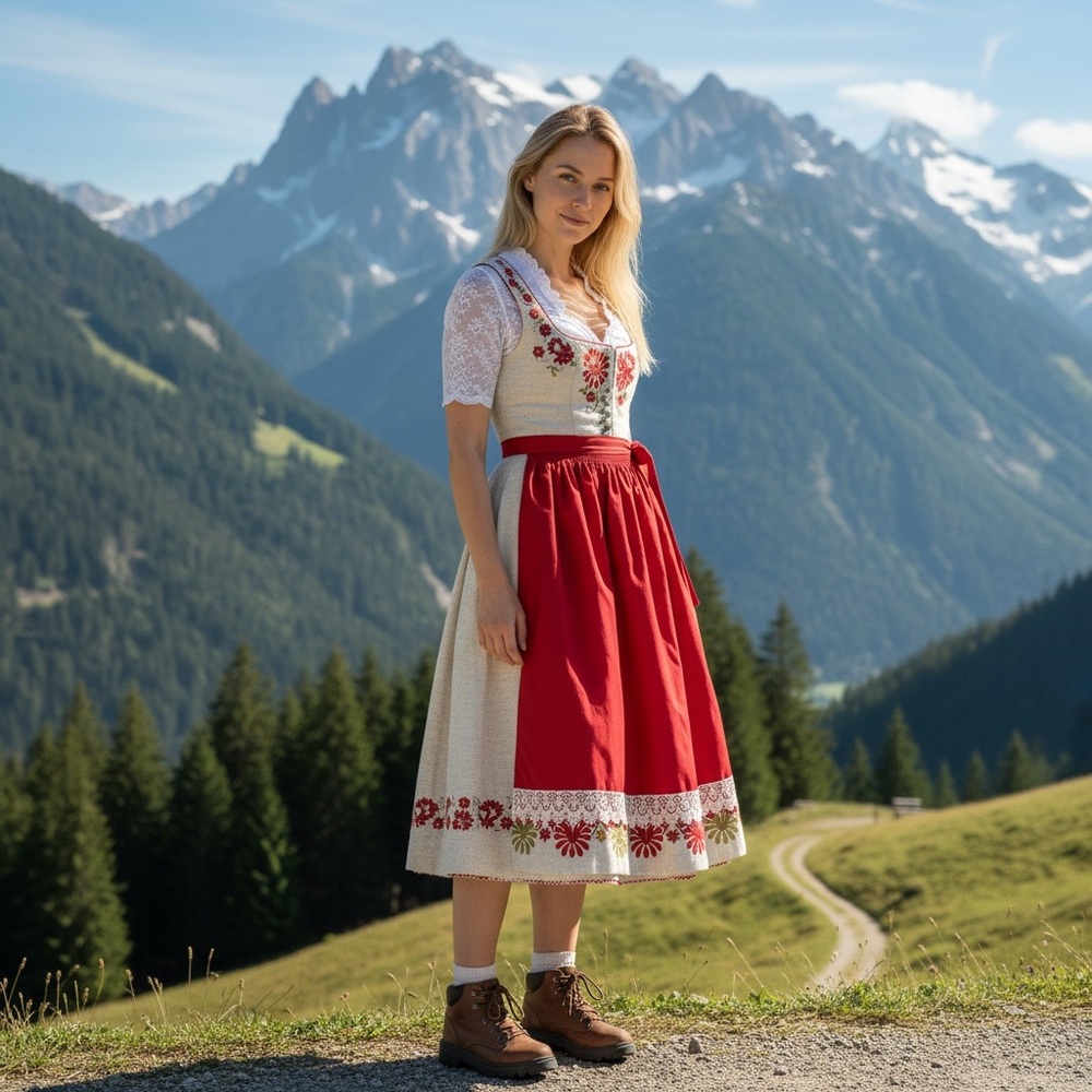 Classic Red & Cream Embroidered Dirndl Dress